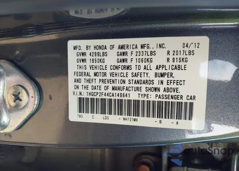 2012 Honda Accord 2.4 Lx-P from USA, damaged, VIN 1HGCP2F44CA149641